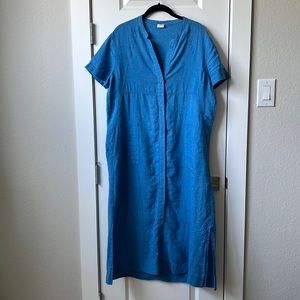 Poetry 100% Linen Midi “Button-Through” Dress, Blue, Size 10.